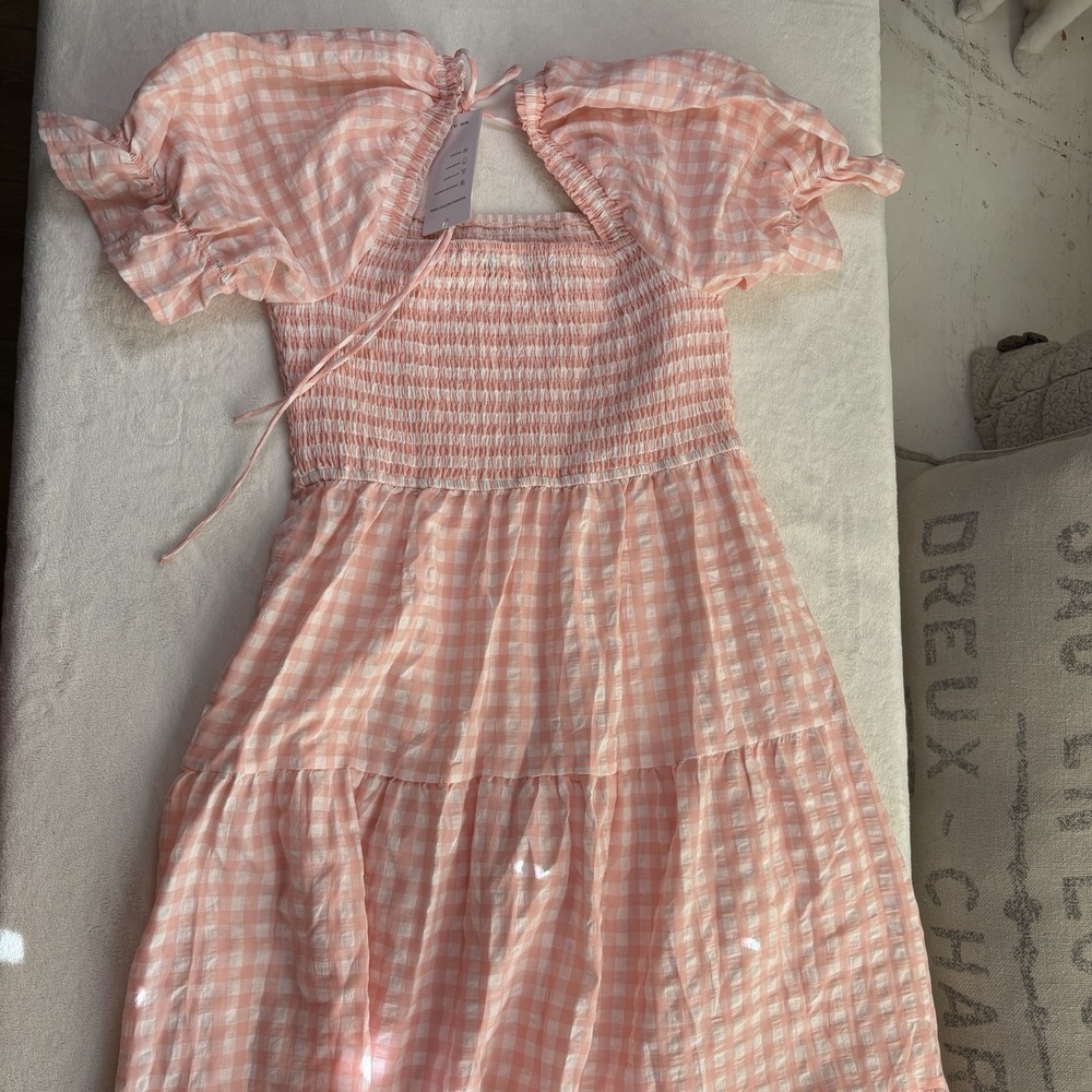 ZESICA Pink White Plaid Gingham Maxi Dress NWT Smocked Tiered Size L - Picture 9 of 12